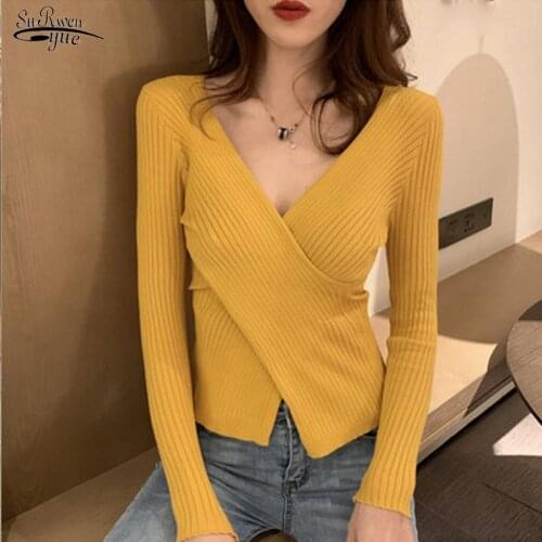 Autumn Winter 2021 New Knitted Shirt for Women Elegant Solid V-neck Long Sleeve Tops Sexy Cross Irregular Womens Sweater 16090