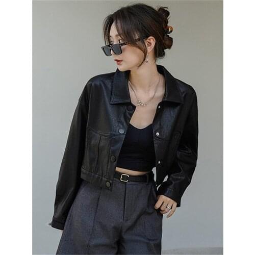 Spring Women Cropped PU Leather Motorcycle Jacket Lady Chic Long Sleeve Turn-Down Collar Outwear Female Short Ins Coat Tops
