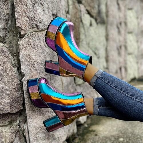 Women Ankle Boots Plus Size PU Striped Multicolor Patchwork Fashion Anti Slip Round Toe Female High Heels Platform Shoes