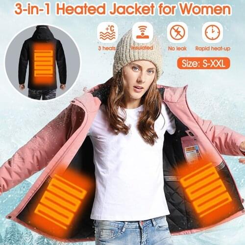Womens Heated Jacket with Hood Warm Windbreaker Waterproof, 3 Adjustable Heats for Winter Outdoor