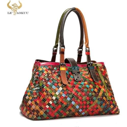 Bull Real Leather Womens Patchwork Female Luxury Purse Handbag Fashion Colorful Over Shoulder Messenger Designer Tote Bag 9068