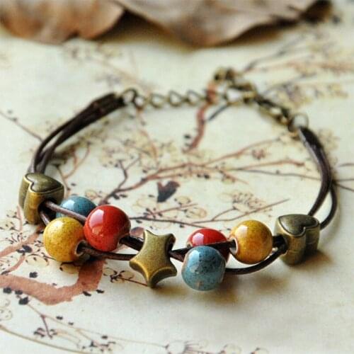 Ceramic Beads Bracelets Heart Star Charm Cuff Bangle Women Men Multilayer Chain Weave Rope Wristbands Jewelry Accessories