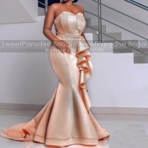 Champagne Satin Mermaid Evening Dresses Ruffles Streamer Long Sweetheart Neck Formal Evening Dress Robe De Soiree De Mariage