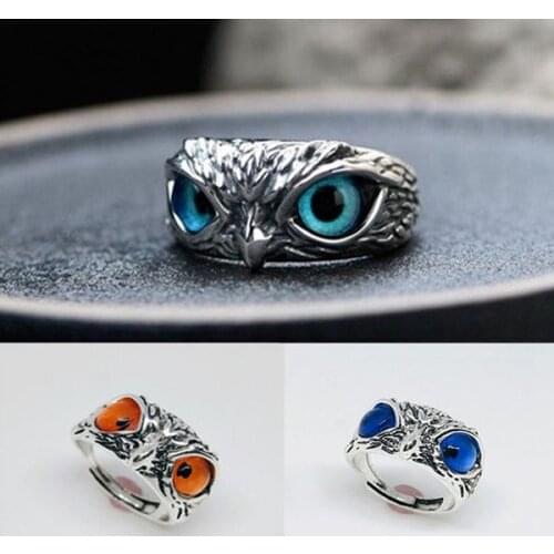 6color Creative Blue Cat Eye Owl Ring Adjustable Open Rings for Women Men Vintage Couple Ring Fashion Jewelry Best Gift