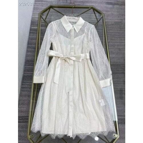 2021 Fashion Runway Autumn Vintage Solid Mini Dress Womens Turn down Collar Belt Long Sleeves Lace Elegant Party Dress