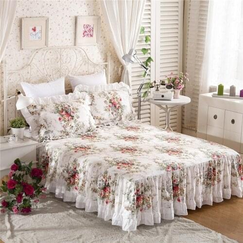 100% Satin Cotton Floral Print Ruffle Bed Skirt Bedspread Bed Cover Sheet Princess Bedding Mattress Cover Home Bedclothes