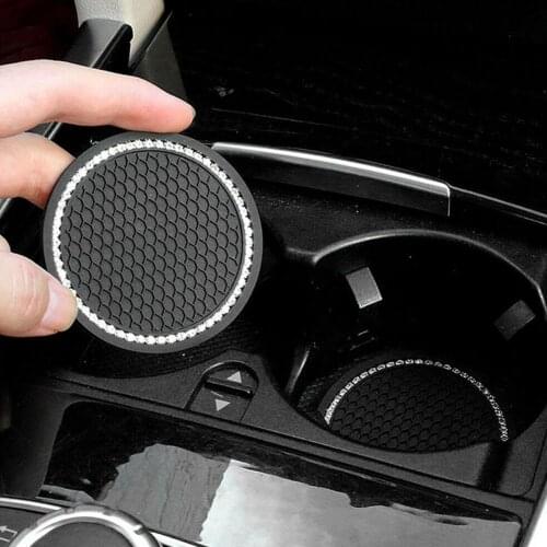 2pcs Car Water Cup Non-slip Mat Diamond Car Coaster Auto Cup Holder Creative Round Heat Insulation Soft Rubber Car Decoration