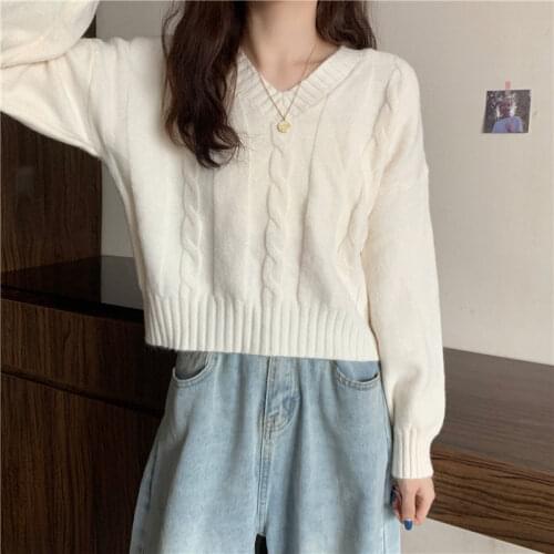 2021 fashion new knitted sweater autumn and winter v-neck long-sleeved retro casual solid color pullover blouse all-match female
