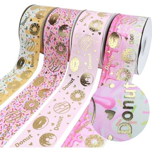3 Inch 75mm Foil Donut Printed Grosgrain Ribbon DIY Gift Decoration Bow Headband Making 50 Yards/Roll