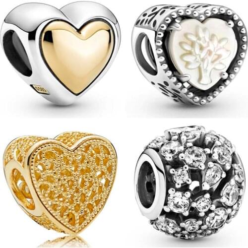 Openwork Domed Golden Heart & Family Tree Sparkling Round Cz Charm 925 Sterling Silver Beads Fit Europe Bracelet DIY Jewelry