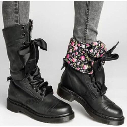 Floral Motocycle Booties Women Boots Female PU Leather Ankle Boots Square Heel Boots Autumn High-top Vintage Women Shoes
