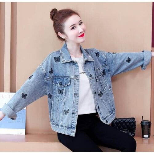 Denim Jacket Womens Long-Sleeved Loose Spring New Style Korean Cartoon Anime Embroidery Butterfly Pattern Denim Straight Top
