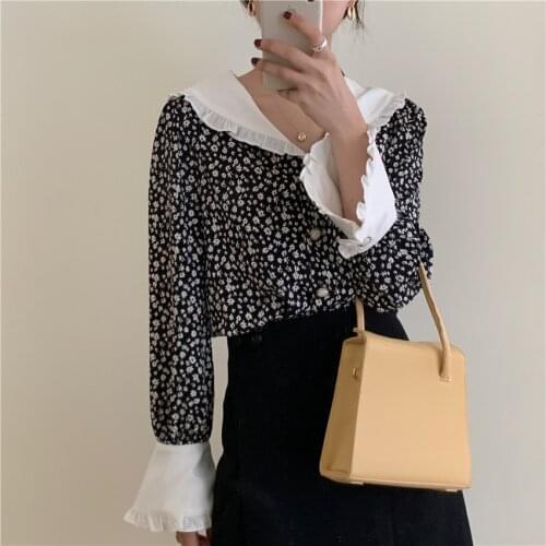 HOUZHOU Elegant Blouses Women Floral Top Vintage Black Shirt Long Sleeve Button Up Korean Fashion Chic Loose Spring Top 2021