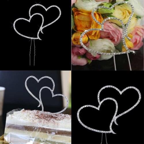 Hotsale Romantic Crystal Rhinestone Silver Double Heart Cake Topper Wedding Decoration Delicate