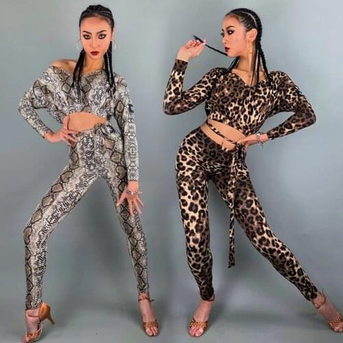 Latin Dance Costume Women Tops Pants Lainta Practice Wear Bat-Sleeved Tight Leopard/Snake Print Cha Cha Rumba Clothing DNV14490
