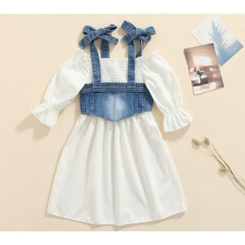 Lioraitiin 0-5Years Toddler Baby Girl 2Pcs Kids Summer Outfit Solid Color Off-Shoulder Lantern Sleeves Dress Denim Strappy Vest