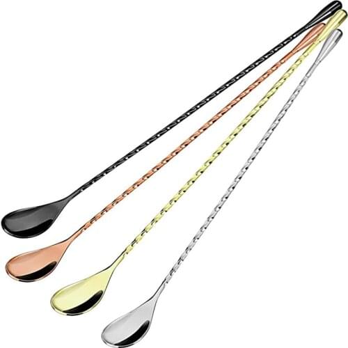 Cocktail Spoon Bar Stirring Spoon Long Handle Stainless Steel Spiral Pattern Mixing Shaker Spoon, 12 Inch, 4 Colors Bar Tools