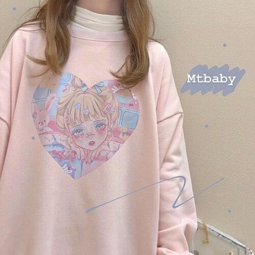 Kawaii Girl Winter Womens Loose Sweatshirt Cute Long Sleeve Pullovers Hoodies Sweet Heart Pink & White