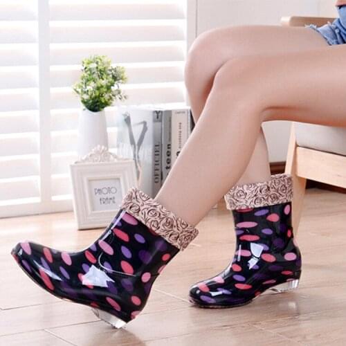 Fashion Mid-tube Rain Boots Outdoor Ladies Leisure Non-slip Waterproof Work Shoes Print Four Seasons Rain Boots Women HTM