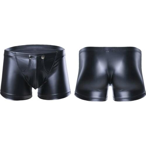 Sexy Gay Male Panties for Mens Lingerie Faux Leather Press Button Shorts Jockstraps Bulge Pouch Wetlook Underpants Underwear