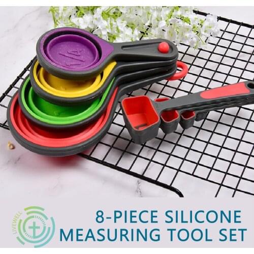 8-Piece Silicone Measuring Tool Set, 4-Piece Spoon + 4-Piece Cup, Folding Measuring Cup and Spoon Set