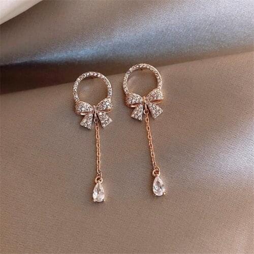 2020 New Classic Fashion Bow Zircon Tassel Drop Earrings South Korean Women Jewelry Ladies Earrings Trend Earrings