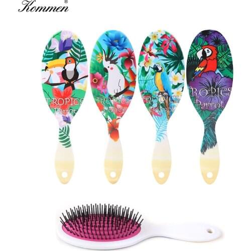 Cartoon Jungle Parrot Print Hair Detangler Comb,Haircare Massage Scalp Airbag HairStyling Tool,Soft Comb Teeth Curly Barber Comb
