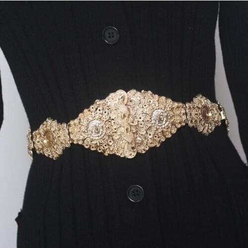 European Gold Metal Alloy Curving Waist Belt European Women Dress Waist Belt Metal Punk Ladies Elastic Waistband Strech Belt