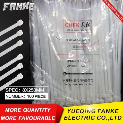100Pcs/pack 8*250mm high quality width 7.2mm White color National Standard Self-locking Plastic Nylon Cable Ties,Wire Zip Tie