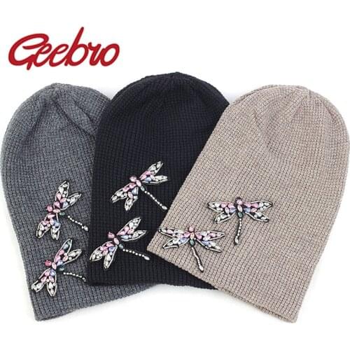 Geebro Women Rhinestones Dragonfly Knitted beanies Hats Soft Cotton Wool Stretch Ribbed Skullies Hats And Caps For Female Girls