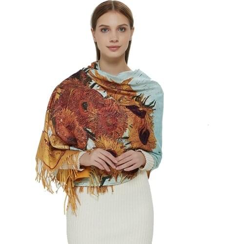 Scarf Autumn winter New women cashmere-like scarf shawl Digital painted shawl Van Gogh oil painting pashmina ladies Blanket