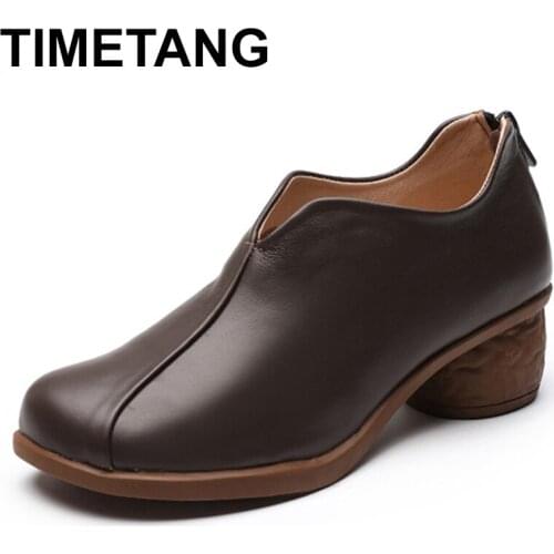 TIMETANG Retro Stitching Delicate Embossed Flower Genuine Leather Slip On Pumps Casual Shoes Women Shoes Botas Mujer