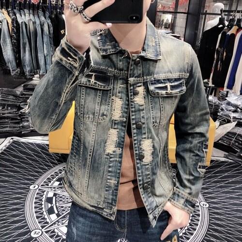 Streetwear Brand Ripped Denim Punk Jacket Men Luxury Slim Fit Autumn Dark Blue 2021 Men Jeans Jacket Denim Designer Plus Size