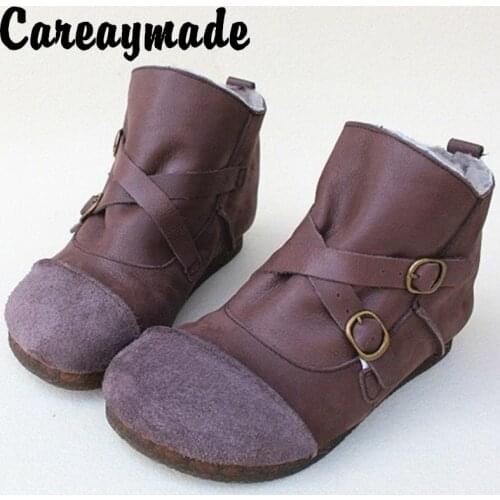 Careaymade-Winter leather pure wool Plush thickened short boot top layer cowhide and retro hand-made large cotton women shoes