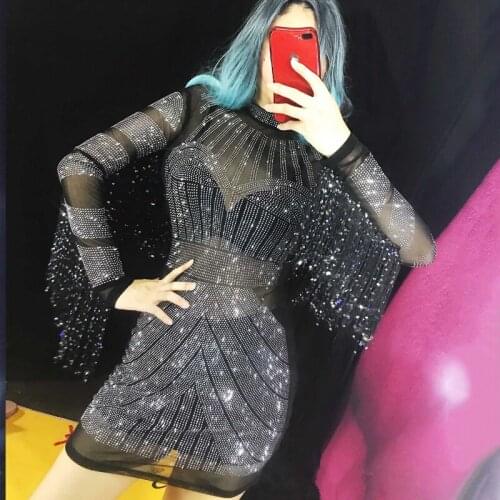 Evening Party Rhinestone Dress Nightclub Female Singer Sexy Outfit Prom Club Black Fringe Shiny Dress DJ Host Model Costume 1478