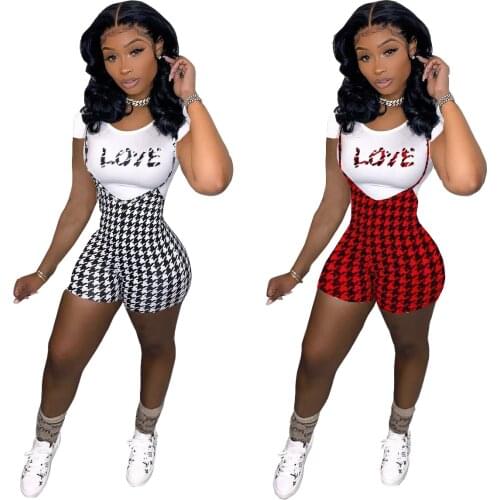 Echoine Summer Women Sexy Slim Letter Print Short Sleeve T-shirt With Suspender Shorts Club Streetwear Casual Two Piece Set 2021