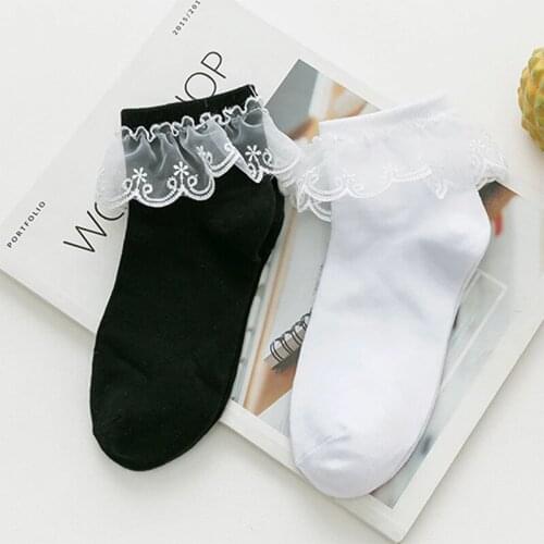 Women Harajuku Sweet Retro Lace Short Socks Lolita Frilly Ruffle Cotton Princess Socks Girls Soft Comfortable Solid Ankle Socks