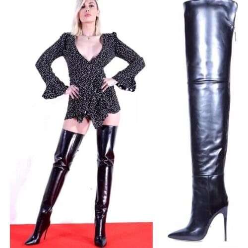 Moraima Snc Sexy Over the Knee Long Boots Pointed Toe Black Leaher Thigh High Boots Woman Thin heels Fashion Shoe