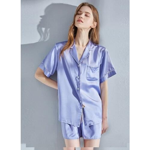 Women 100% Real Silk Pajamas Set Solid Shorts Nightgown Pyjama Femme Luxury Blue Bedgown Hangzhou 19 Momme Silk Sleepwear Suits