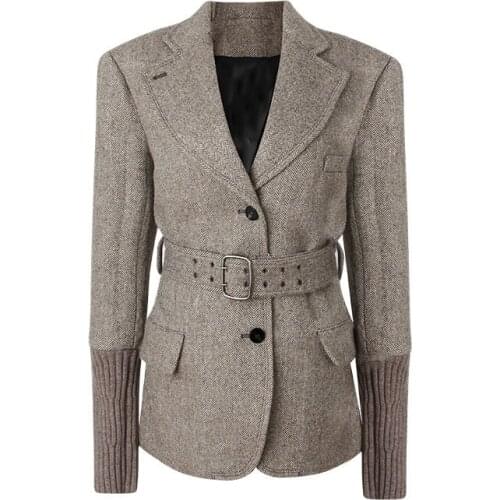 2020 new winter fashion women clothes notched collar full sleeves gray color woolen elastic sleeves blazer with belt C848