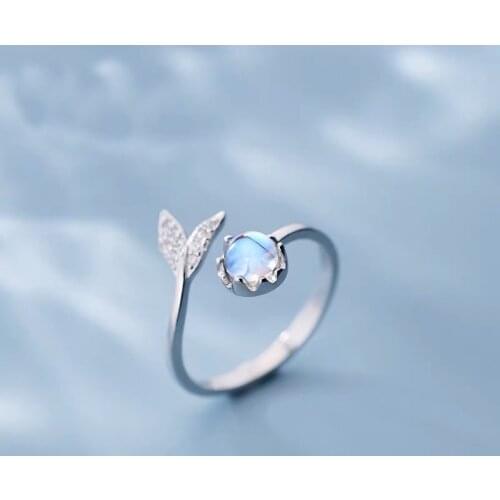 Cute Moonstone Fishtail Open Rings For Women Korean Fashion ins Wind Silver Color Zircon Sweet Ring Personality Party Jewelry