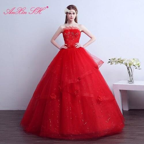 AXJFU Flower Red bridal wedding dress lace tube top princess lace red white strapless ruffles wedding dress