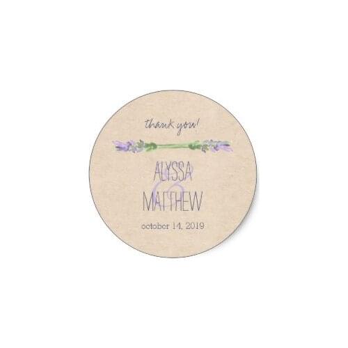 3.8cm Sweet Rustic Purple Lavender on Kraft Look Wedding Classic Round Sticker