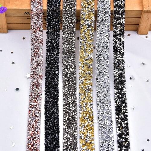 5yards/lot 15mm Iron on black rhinestone Trim Mesh strass chain cyrstal Banding bridal applique for dress decoration hotfix