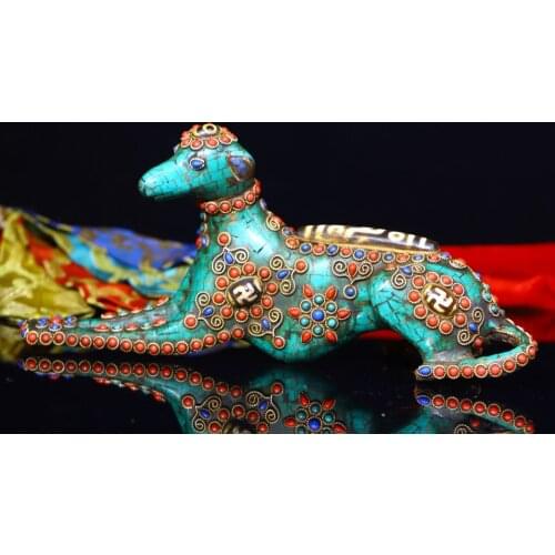 8" Tibet Buddhism Old Bronze Filigree mosaic Gem Dzi Bead Dog statue Watchdog Town House Exorcism Ward off evil spirits