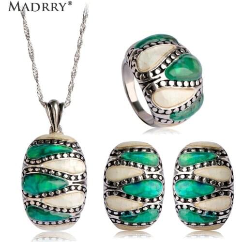 Madrry Abalone Shell Jewelry Sets Necklace&Earrings&Ring Antique Silver Plated European Square Design Sets Mujer Accessories