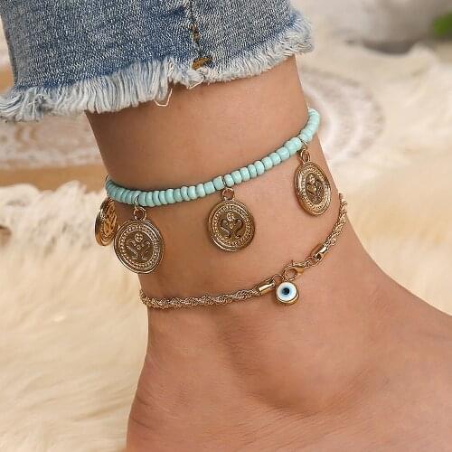2Pcs Cuba Bead Symmetrical S Pendant Anklet Bracelet For Women Evil Eye Chain Bracelets On The Leg Handmade Beaded Anklet 2021