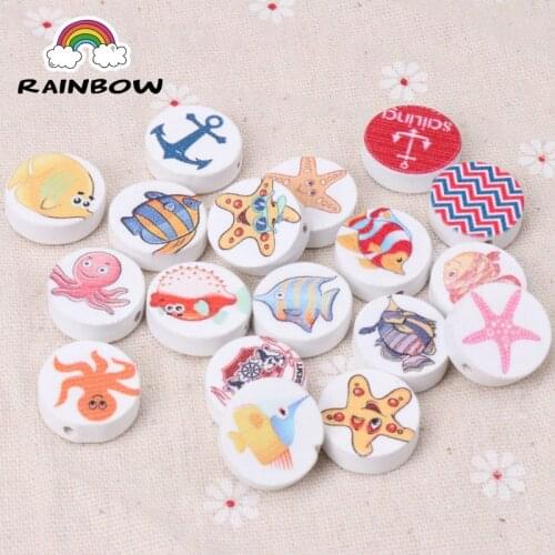 Mixed White bottom ocean animal pattern Paintied Wooden Spacer Beads For Kids Jewelry 19mm 20pcs