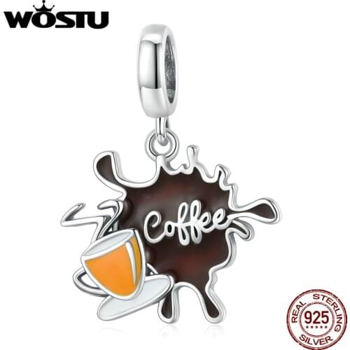 WOSTU 925 Sterling Silver Fragrance Coffee Pendant Charm Beads Fit Original Bracelet DIY Jewelry CQC1970