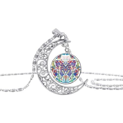 10 Crescent Printed rose plant necklace half moon butterfly magpie animal lucky amulet hollow moon small fish necklace jewelry